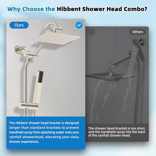 Hibbent 12'' Rainfall Showerhead with 4-mode Handheld Spray, Brushed Nickel | cUPC Certified High Pressure Showerhead Combo, 12'' Adjustable Extension Arm, Extension Bar, Easy Reach Holder, 71'' Hose - color: Brushed Nickel, style: Square 12''