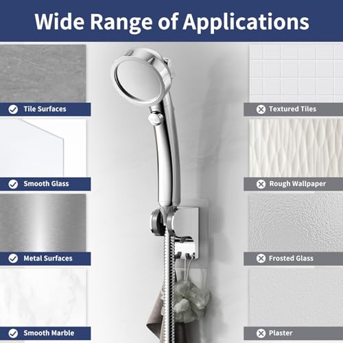 HANLIAN Strong Adhesive Handheld Shower Head Holder Without Drilling | 50° Adjustable Shower Wand Holder Wall Mount with Hooks, Waterproof Hand Held Showerhead Bracket with Hanger(Chrome, 1 piece) - color: Chrome