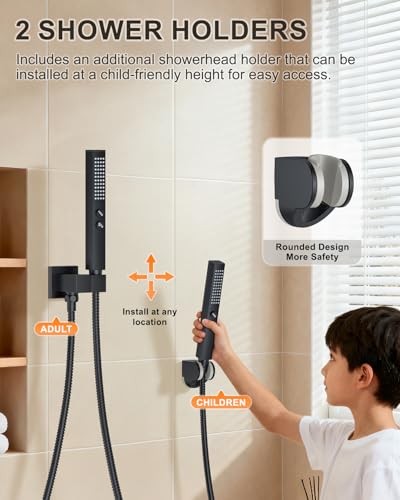 Shower System with Tub Spout, Wall Mounted Bathtub Shower Faucet Set, 12" Rainfall Shower Head and Handheld Shower Combo, High Pressure Shower Fixtures Set with Rough-in Valve, Matte Black - color: Matte Black, style: 12" Wall Mounted Shower System with T