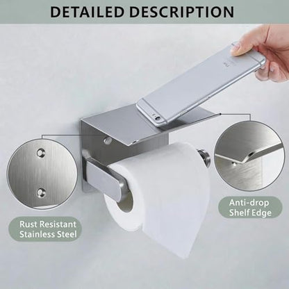 Toilet Paper Holder with Shelf, Heavy-Duty Stainless Steel Bathroom Hardware, Self-Adhesive No-Drill/Drill-Mount Wall-Mounted Roll Holder, Rust-Proof Bathroom Tissue Rack(Brushed Nickel) - color: Brushed Nicke