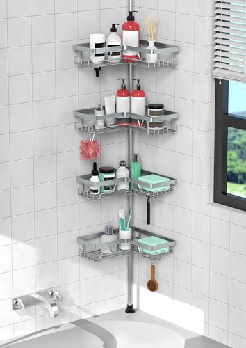 KEGII Shower Caddy Tension Pole, Bathtub Organizer, Light Gray | Adjustable 25-114.2 inch Pole with 28 Hooks, Rustproof Storage Solution for Renters and Modern Bathrooms - color: Light Gray