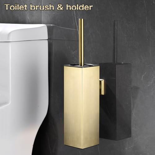 Gold Toilet Brush Set Stainless Steel Square Bathroom Cleaning Brush | AIREMOEN Square Bathroom Toilet Bowl Brush Holder, Round Cleaning Brush Head, Splash Guard - color: Brushed Gold