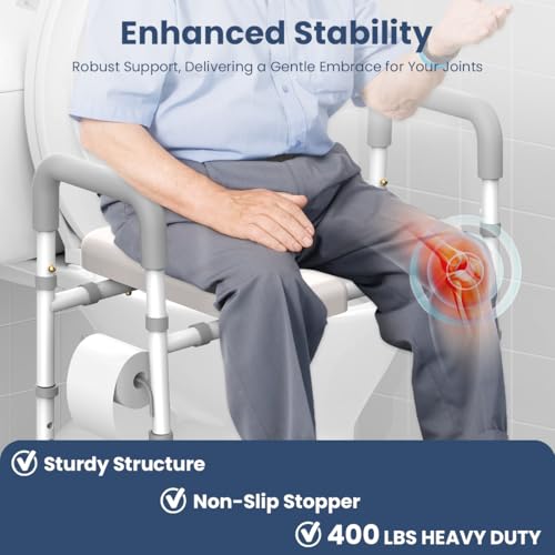 Raised Toilet Seat with Handles - Toilet Seat Riser for Seniors with Adjustable Width & Height, 400 lbs Elevated Toilet Seat Riser for Handicap, Disabled and Pregnant, Fit Any Toilet-Grey