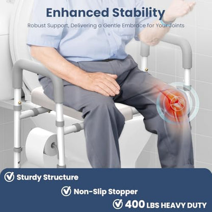 Raised Toilet Seat with Handles - Toilet Seat Riser for Seniors with Adjustable Width & Height, 400 lbs Elevated Toilet Seat Riser for Handicap, Disabled and Pregnant, Fit Any Toilet-Grey