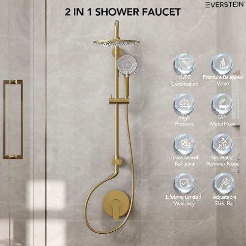10 Inch High Pressure Rainfall Shower System with Slide Bar, Wall Mount Bathroom Round Shower Faucet Set with Valve, Brushed Gold - color: Brushed Gold