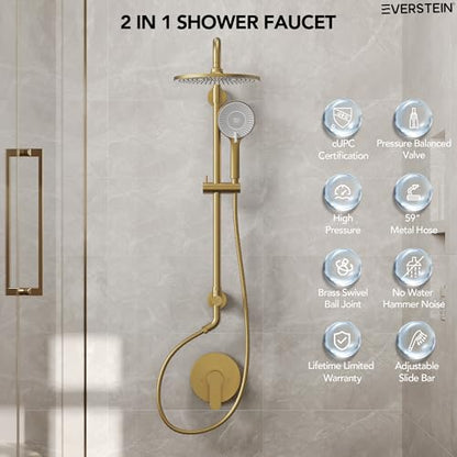 10 Inch High Pressure Rainfall Shower System with Slide Bar, Wall Mount Bathroom Round Shower Faucet Set with Valve, Brushed Gold - color: Brushed Gold