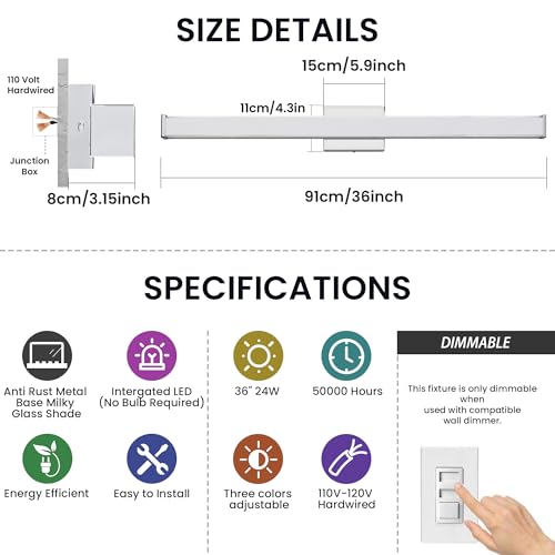 Modern LED Bathroom Vanity Light 36 inch 24W Dimmable 3CCT Bathroom Light Fixture Over Mirror Rectangle Bath Vanity Light Bar with Double Layer Acrylic Shade (Chrome) - color: Chrome, size: 36 inch