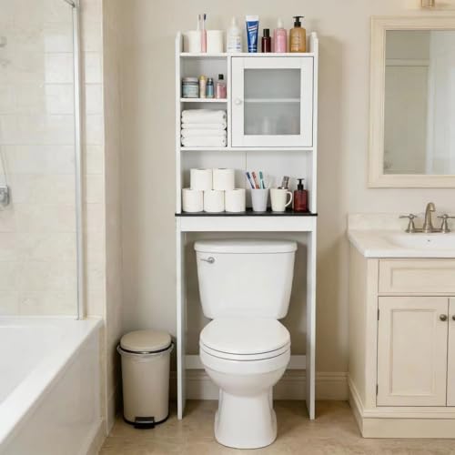 ZENY Over The Toilet Storage Cabinet, Bathroom Organizer with Adjustable Shelf and Double Doors, Freestanding Bathroom Space Saver Toilet Rack (White) - color: White