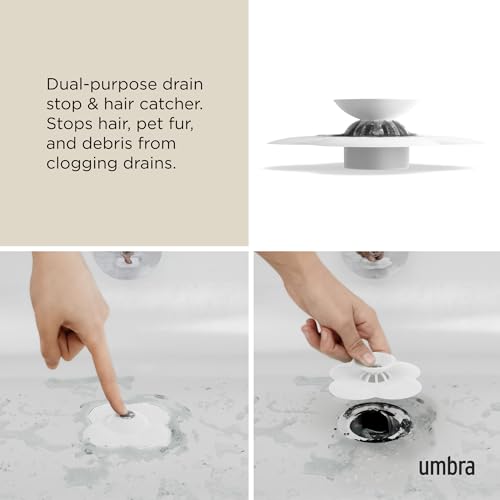 Umbra Bloom Drain Stop, Bathtub Drain Hair Catcher, 3-Inch, White | Silicone material, flexible and durable, fits standard drains, wipe or rinse clean, rust resistant - color: White