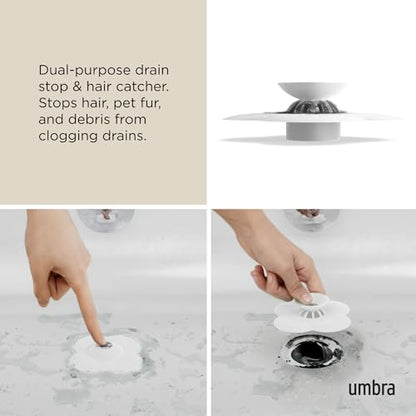 Umbra Bloom Drain Stop, Bathtub Drain Hair Catcher, 3-Inch, White | Silicone material, flexible and durable, fits standard drains, wipe or rinse clean, rust resistant - color: White
