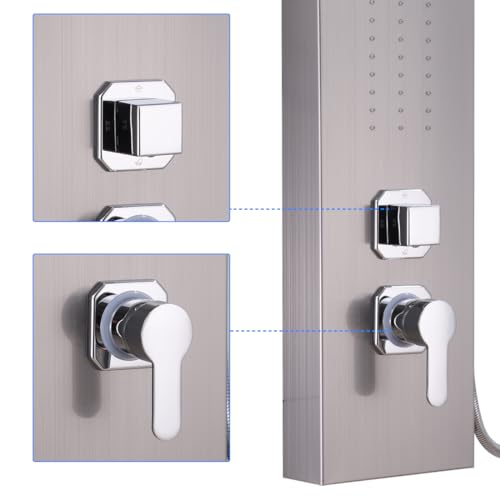 ELLO&ALLO Rainfall Waterfall Shower Head Rain Massage System with Body Jets Stainless Steel Bathroom Shower Panel Tower System, Brushed Nickel - color: Brushed A