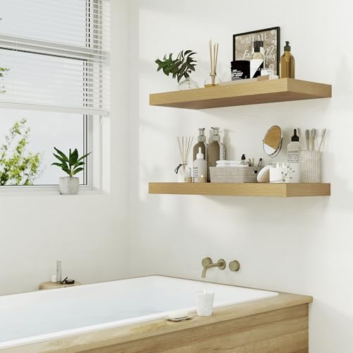 Heimlove 12" Deep Oak Floating Shelves,Over Toilet Long Wall Mounted Modern Farmhouse 36 inches,Wall Shelves with Invisible Brackets for Bedroom, Bathroom, Living Room, Kitchen, Set of 1 - color: Oak, size: 35.4"W x 11.6"D x 2"H, 1 Pack