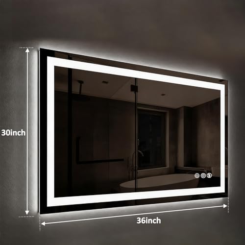 ROOMTEC 36"x30" LED Bathroom Mirror with Lights, Backlit+Frontlit | Anti-Fog, Dimmable, Memory Function, Bathroom Vanity Mirror for Wall, Shatterproof Tempered Glass (Horizontal/Vertical) - size: 36"L x 30"W