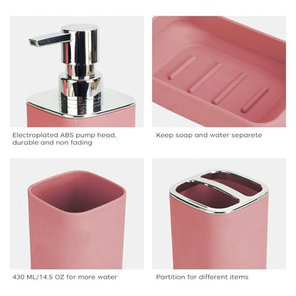 4Pcs Pink Bathroom Set, Square Boho Soap & Toothbrush Holder Set | Thick shatterproof ABS, electroplated rust-proof pump, drip-free, multi-slot holder, dustproof lids, easy-clean - color: Pink, size: 4PCS