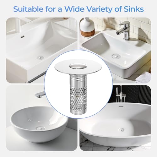 2 Pack Pop Up Bathroom Sink Drain Stoppers, Removable Sink Drain Strainer Stopper Hair Catcher with Stainless Steel Anti-Clog Filter Basket for Sinks and Drains 1.06-1.5 Inch
