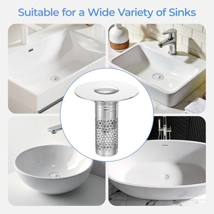 2 Pack Pop Up Bathroom Sink Drain Stoppers, Removable Sink Drain Strainer Stopper Hair Catcher with Stainless Steel Anti-Clog Filter Basket for Sinks and Drains 1.06-1.5 Inch