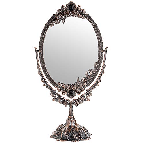 JUXYES Metal Tabletop Antique Decorative Makeup Mirror with Stand, Vintage Swivel Double Sided Cosmetic Mirror with Frame, Retro Desktop Oval Dressing Mirror for Bathroom Bedroom | Vintage Swivel Double Sided Cosmetic Mirror with Frame, Retro Desktop Dres