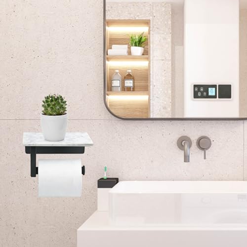 Toilet Paper Holder with Natural Marble Shelf, Wall Mounted Tissue Holder, Modern and Durable Bathroom Accessory for Bathroom Washroom(Black) - color: Black