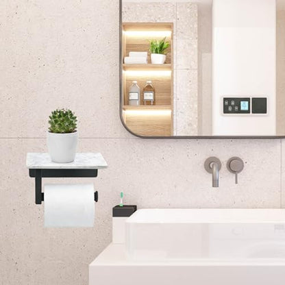 Toilet Paper Holder with Natural Marble Shelf, Wall Mounted Tissue Holder, Modern and Durable Bathroom Accessory for Bathroom Washroom(Black) - color: Black