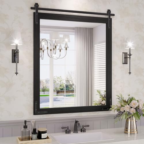 Farmhouse Bathroom Mirror, 28"x36" Black Rustic Bathroom Mirrors | HD glass, solid wooded framed, rectangle, explosion-proof, barn door style, anti-rust, for bathroom/bedroom/entryway - color: Black, size: 28"L x 36"W