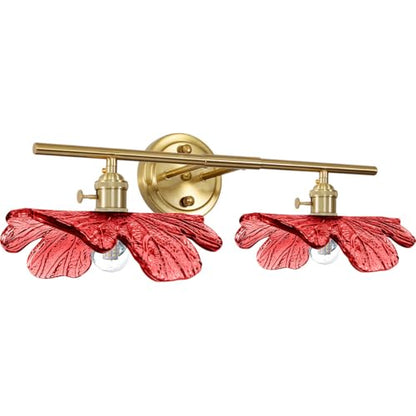 2-Light Red Floral Wall Sconce Mid Century Antique Gold Bathroom Vanity Light with Metal Base, Wall Lighting Fixture Over Mirror for Living Room Bedroom Hallway - color: 2-light, Red