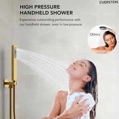12" High-Pressure Rainfall Shower Faucet with Valve for Bathroom, Dual Rainfall Shower Head System with 6 Body Jets, Rough in-Valve (Brushed Gold) | High-Pressure, Dual 12" Rainfall Shower Head System, 6 Body Jets, Rough in-Valve - color: Brushed Gold