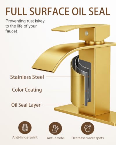 Waterfall Single Handle Bathroom Sink Faucet with Drain Gold | Brushed Gold Vanity Faucet with Pop-up Drain, Ceramic Valve, for 1 or 3 Hole Modern Bathrooms. - color: Gold