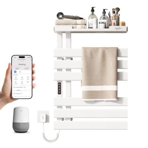 Smart Heated Towel Racks for Bathroom,Electric Towel Warmer Rack App & Voice Control,WiFi Heated Towel Bar Wall Mounted,Towel Warming Rack with Top Shelf and Led Timer,Flat Widen 6 Bar,White - color: White