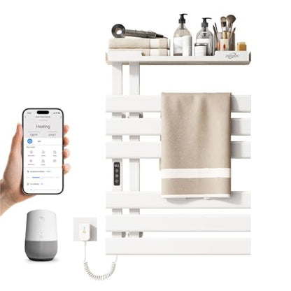 Smart Heated Towel Racks for Bathroom,Electric Towel Warmer Rack App & Voice Control,WiFi Heated Towel Bar Wall Mounted,Towel Warming Rack with Top Shelf and Led Timer,Flat Widen 6 Bar,White - color: White