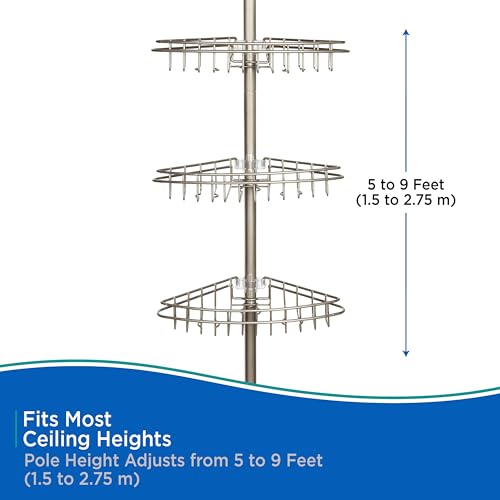 Kenney KN61520 Adjustable Height (5'-9') Spring Tension Metal Corner Pole Shower Caddy with 3 Adjustable Rust-Proof Basket Shelves, Towel Bars, and Razor Holders for Bathroom Shower, Satin Nickel