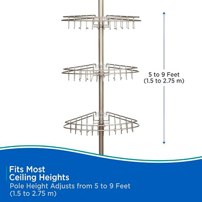 Kenney KN61520 Adjustable Height (5'-9') Spring Tension Metal Corner Pole Shower Caddy with 3 Adjustable Rust-Proof Basket Shelves, Towel Bars, and Razor Holders for Bathroom Shower, Satin Nickel