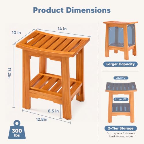 DUMOS Wooden Shower Bench, 18" Waterproof Shower Stool for Inside Showers | Non-Slip Bathroom Bench with Shelf & Handles for Senior Adult, Disabled Elderly, 300 LBS Capacity, Brown - size: 14"W