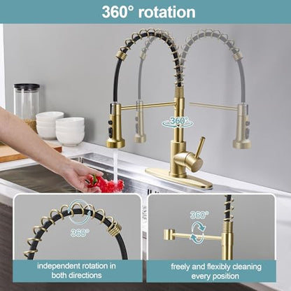 Gold Kitchen Faucets with Pull Down Sprayer, Stainless Steel Single Handle Pull Out Spring Sink Faucet, 3 Function Sprayer 1 or 3 Hole Deck Plate for Farmhouse Laundry Rv Bar - color: Gold, style: Classic