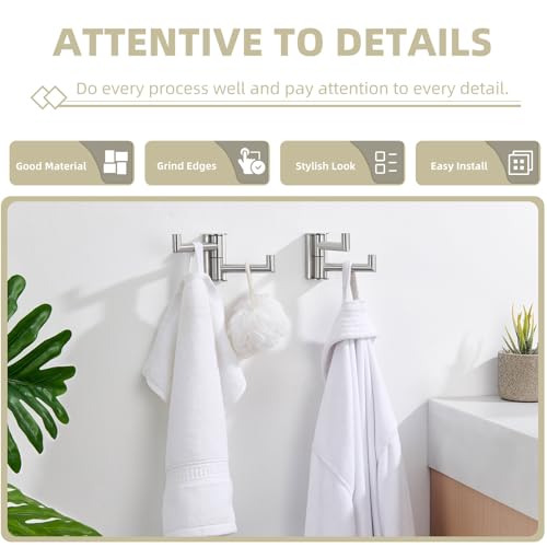 Suyar Brushed Nickel Double Towel Hook, Bathroom Swivel Robe Hook 2 Arms | Foldable Robe Coat Hanger for Kitchen RV Cabinet, SUS304 Stainless Steel Space Saving Towel Holder, Wall Mounted, 2 Pack - color: Brushed Nickel, size: 2 Pack