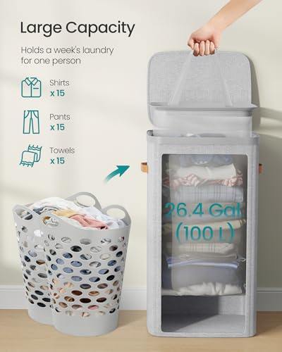 SONGMICS Laundry Basket, 26.4 Gal. Laundry Hamper, Easy Assembly, with Lid and Handles, Removable Liner, 16.5 x 12.6 x 29.5 Inches, Dove Gray ULCB811GD01 - color: Dove Gray, size: 100 L (1-Section)