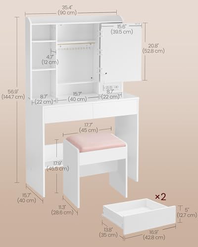VASAGLE KAILYN Collection - Vanity Desk with Power Outlets, Makeup Vanity with Mirror and Lights, Upholstered Vanity Stool, LED Lights, 6 Compartments, 2 Drawers, for Bedroom, Cloud White URDT031W01 - style: 35.4"W 2 Drawers Vanity Set - Cloud White