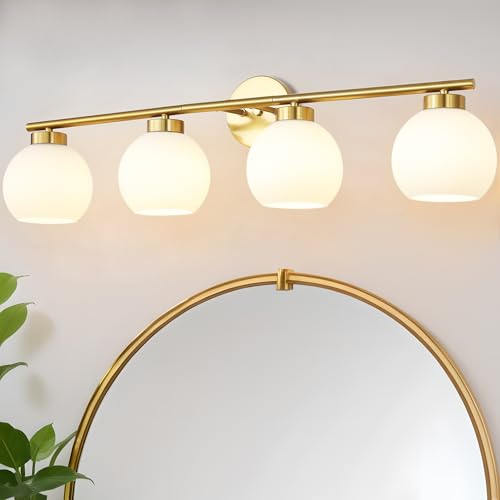 4 Light Bathroom Vanity Light, Gold Bathroom Light Fixtures Over Mirror, Mid Century Modern Wall Light with Frosted Globe Glass Shades, 32 inch Brass Vanity Lights, E26 Socket - color: Gold & Milky White Glass, size: 4-Light