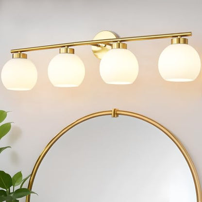4 Light Bathroom Vanity Light, Gold Bathroom Light Fixtures Over Mirror, Mid Century Modern Wall Light with Frosted Globe Glass Shades, 32 inch Brass Vanity Lights, E26 Socket - color: Gold & Milky White Glass, size: 4-Light