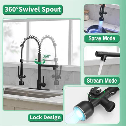 Fapully LED Commercial Kitchen Faucets with Pull Down Sprayer Matte Black | Single Handle Faucet for Kitchen Sink, Kitchen Faucet with Soap Dispenser and Deck Plack for 4 Hole - color: Matte Black, style: Rustic