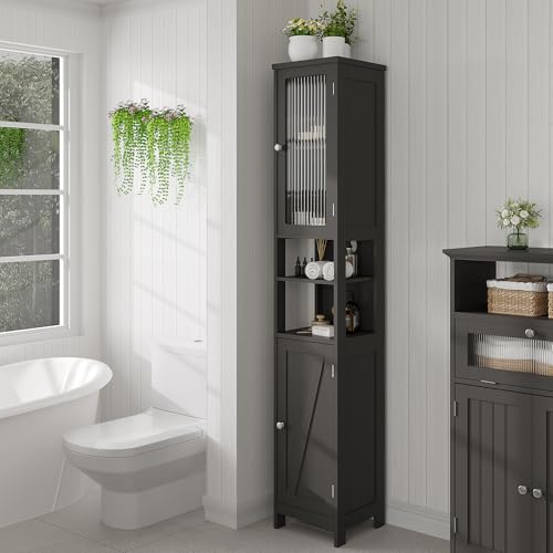 ChooChoo Narrow Bathroom Storage Cabinet with Light， Space Saving | Space Saving,Tall Bathroom Storage Cabinet, 5-Tier, 2 Doors, Slim, Freestanding, Adjustable Shelves, Black - color: Black
