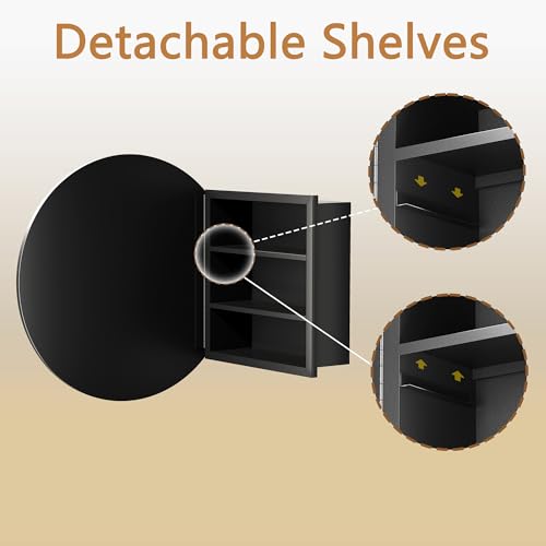 Black Medicine Cabinet Mirror, Wall Mounted Bathroom Vanity with Mirror, 20.47" Round Bathroom Medicine Cabinet with Storage Function, Removable Shelves, Metal, NO Assembly