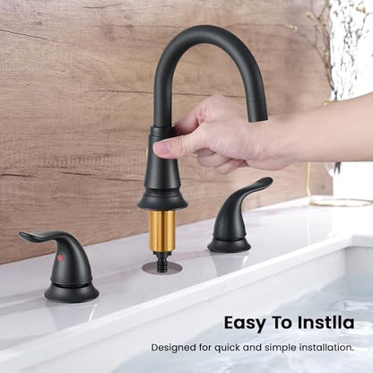 Matte Black Widespread Bathroom Faucet 3 Hole, 8 Inch Bathroom Sink Faucet | Adjustable Sink Faucet Bathroom with Pop-Up Drain & Supply Lines, Dual Handle 360° Swivel Spout, Modern Design