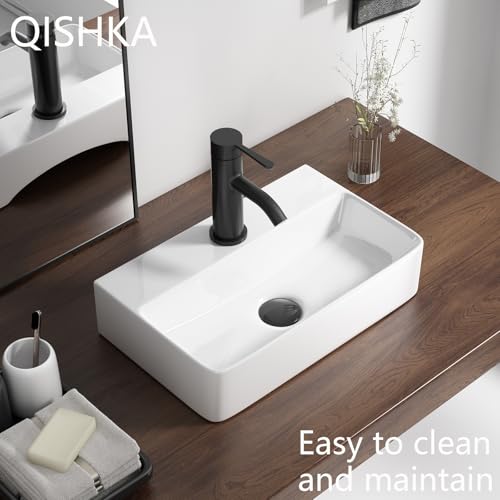 Wall Mounted Bathroom Vessel Sink, QISHKA 18" X 11" Rectangular Floating Ceramic Wash Hand Basin White Wall Hung Vanity Sink for Bathroom and Cloakroom - size: 18" x 11" x 4.3"