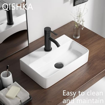 Wall Mounted Bathroom Vessel Sink, QISHKA 18" X 11" Rectangular Floating Ceramic Wash Hand Basin White Wall Hung Vanity Sink for Bathroom and Cloakroom - size: 18" x 11" x 4.3"
