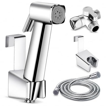 Handheld Bidet Sprayer for Toilet, Lockable Push Button, High Pressure Bathroom Sprayer, Cloth Diaper & Personal Hygiene Sprayer, Tank Mount No-Drill Install, Stainless Hose Set, Chrome Color - color: Chrome
