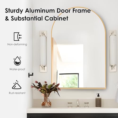 sogesfurniture Recessed Bathroom Medicine Cabinet, 36"x24", Arched, Wall Cabinet with Beveled Mirror, Aluminum Frame, Gold - color: Gold-arched, size: 24x36 inch