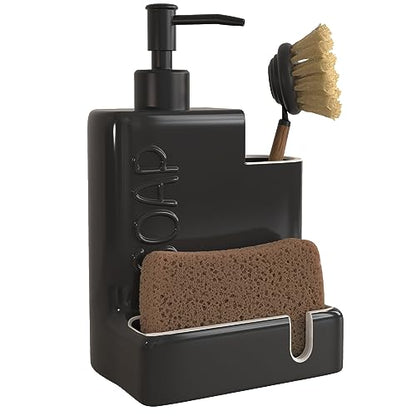 Soap Dispenser with Sponge Holder and Brush Holder, Ceramic Dish Soap Dispenser Pump, 3 in 1 Liquid Hand Soap Organizer with Funnel for Kitchen Sink Countertop, Matte Black