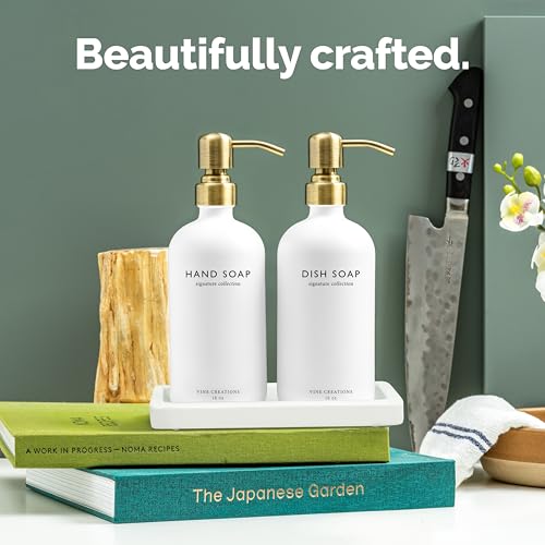 Vine Creations Glass Soap Dispenser Set, Kitchen Soap Dispenser Set with Ceramic Tray, 16 oz Dish Soap and Hand Soap Dispenser Set with Stainless Steel Pump Decor (White Bottle/Brushed Brass) - color: White Bottle / Brushed Brass Pump