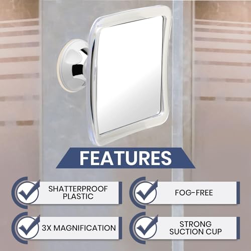 3X Fogless Magnifying Shower Mirror for Shaving, 6.3" x 6.3" | Shatterproof Anti Fog Shaving Mirror with Strong Suction Cup & 360° Swivel for Crystal Clear Shaving Every Time