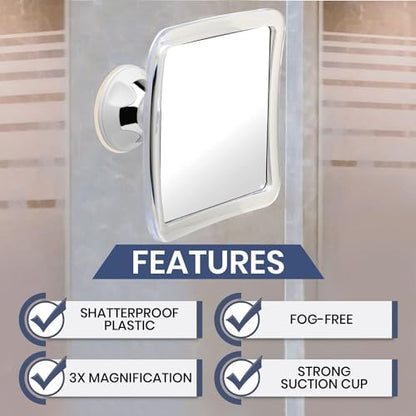 3X Fogless Magnifying Shower Mirror for Shaving, 6.3" x 6.3" | Shatterproof Anti Fog Shaving Mirror with Strong Suction Cup & 360° Swivel for Crystal Clear Shaving Every Time